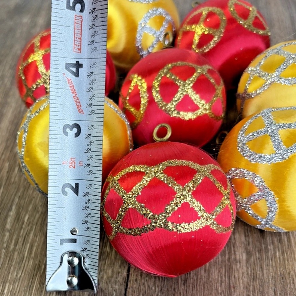 Lot of 8 Christmas Pyramid Satin Sheen Red & Yellow Round Glittered Ornaments